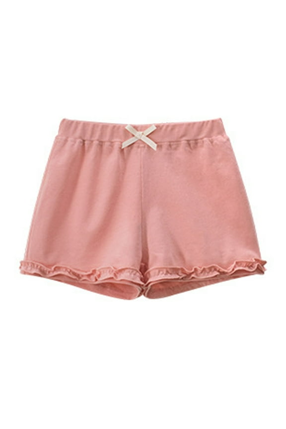 Girl Lovely Shorts Solid Color Elastic Waistband Ruffled Shorts With Bow Relaxed Fit Soft Daily Wear