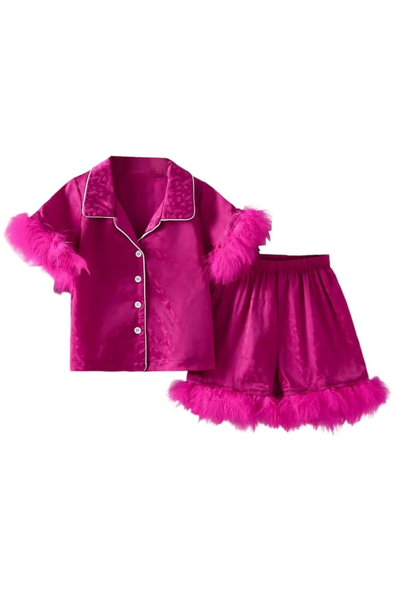 Girl Silk Solid Color Homewear Set With Fuzzy Hem Short Sleeve Button Front Collared Top Elastic Waisted Shorts For Daily Wear Cozy Outfits