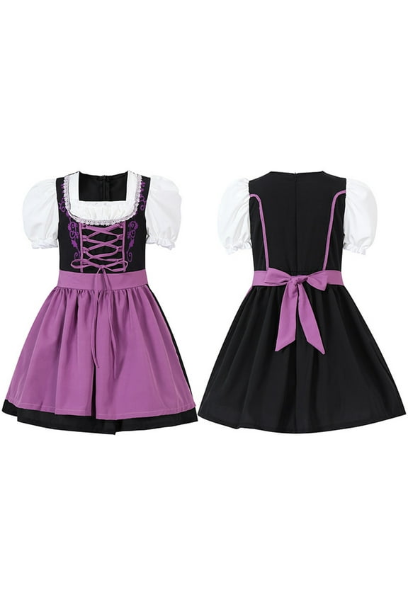 Girl Versatile Dresses Print Patchwork Square Collar Puff Sleeve Dress Oktoberfest Perform Lace Up Sundress Leisure Breathable Comfort Wear