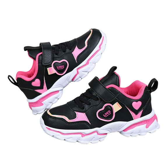 FINALGANG Girl Versatile Sneakers Love Heart Print Lace Up Waterproof Leather Shoes Luminous Hook And Loop Shoes With Easy-Clean Modern Design