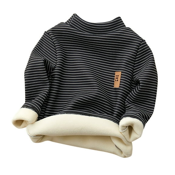 FINALGANG Girl's Plush Lined Pullover Kids Letter Graphic Patch Striped Relaxed Fit Sweatshirt Long Sleeve Turtleneck Pullover For Casual Daily Outdoor Wear Cute Top