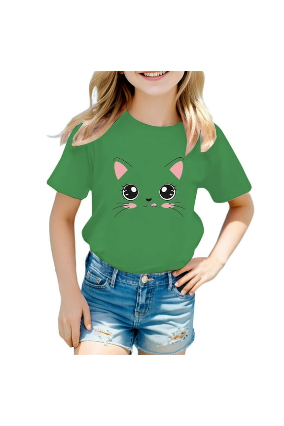 Girl's T-Shirt Kids Cartoon Cat Face Graphic Tees Short Sleeve Crewneck Loose Fit Tee Shirt For Casual Daily Outdoor Wear Leisure Top