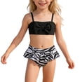 thumbnail image 1 of FINALGANG Girls 2 Piece Bikini Set Kids Solid Color Spaghetti Strap Top With Zebra Print Ruffled High Waist Swim Bottoms For Beach Pool Vacation Black 7-8 Years, 1 of 8