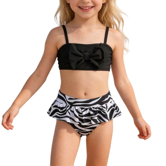 FINALGANG Girls 2 Piece Bikini Set Kids Solid Color Spaghetti Strap Top With Zebra Print Ruffled High Waist Swim Bottoms For Beach Pool Vacation Black 7-8 Years