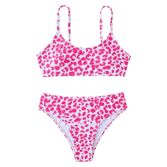FINALGANG Girls 2 Piece Bikini Set Kids Summer Lightweight Leopard Print Spaghetti Strap Top High Waist Stretchy Swim Briefs For Beach Pool Wear Hot Pink 7-8 Years