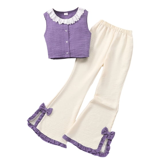 FINALGANG Girls 2 Piece Casual Outfit Sleeveless Crewneck Button Front Vest Top Wide Leg Ruffled Hem Flared Pants For Daily Outdoor Wear Versatile Set