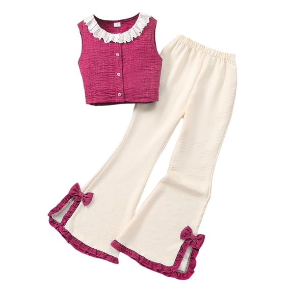 FINALGANG Girls 2 Piece Casual Outfit Sleeveless Crewneck Button Front Vest Top Wide Leg Ruffled Hem Flared Pants For Daily Outdoor Wear Cute Set