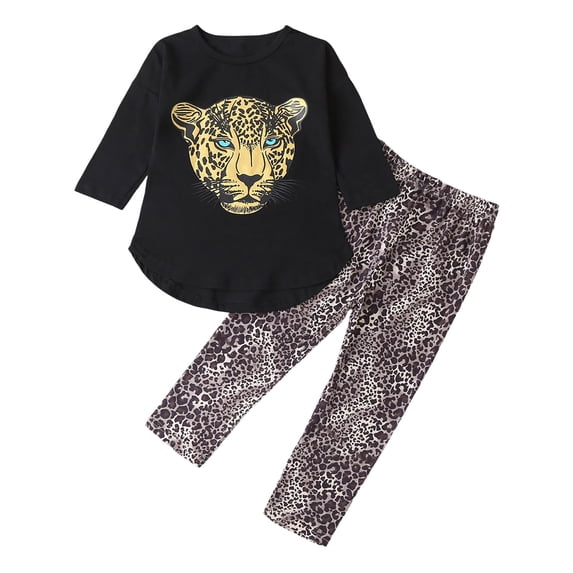 FINALGANG Girls 2 Piece Casual Set Kids Fall Winter Cheetah Print Long Sleeve Crewneck Pullover Leopard Elastic Waist Pants For Daily Wear Fashionable Set