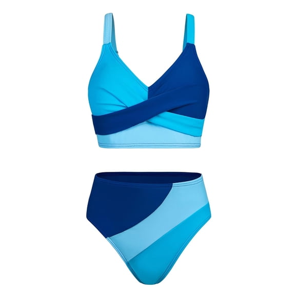 FINALGANG Girls 2 Piece Swimsuit Set Kids Color Block Spaghetti Strap Cross Wrap V Neck Top High Waisted Swim Briefs For Beach Pool Vacation Blue 11-12 Years