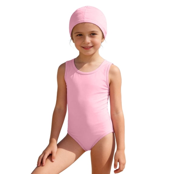 FINALGANG Girls 2 Piece Swimsuit Set Kids Solid Color One Piece Sleeveless Bathing Suit Matching Swim Cap For Training Performance Daily Wear Pink 13-14 Years