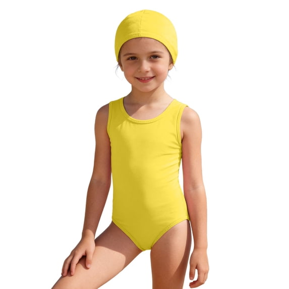 FINALGANG Girls 2 Piece Swimsuit Set Kids Solid Color One Piece Sleeveless Bathing Suit Matching Swim Cap For Training Performance Daily Wear Yellow 3-4 Years