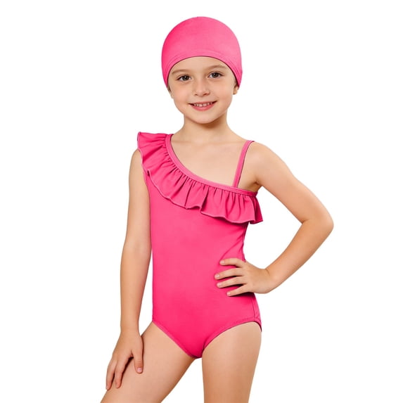 FINALGANG Girls 2 Piece Swimsuit Set Kids Solid Color One Piece Sleeveless One Shoulder Swimwear Matching Swim Cap For Beach Pool Summer Wear Hot Pink 15-16 Years