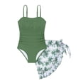 thumbnail image 1 of FINALGANG Girls 2 Piece Swimsuit Set Kids Solid Color One Piece Spaghetti Strap Ruched Swimwear With Leaf Print Sarong For Beach Pool Vacation Army Green 13-14 Years, 1 of 4