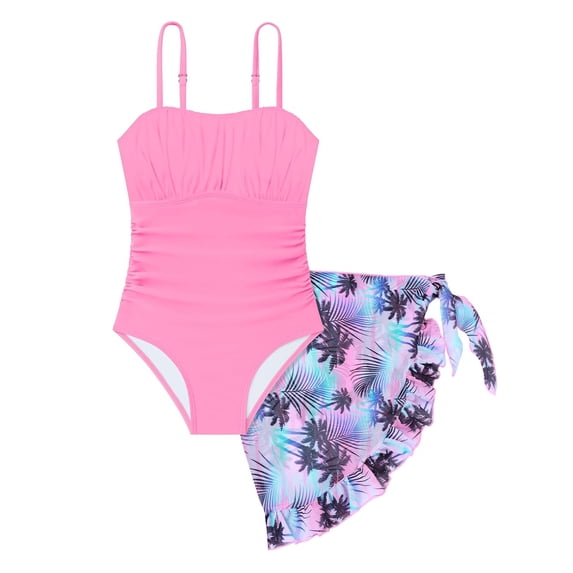 FINALGANG Girls 2 Piece Swimsuit Set Kids Solid Color One Piece Spaghetti Strap Ruched Swimwear With Leaf Print Sarong For Beach Pool Vacation Hot Pink 9-10 Years