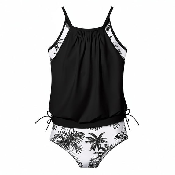 FINALGANG Girls 2 Piece Swimsuit Set Kids Spaghetti Strap Stretch Camisole Top Leaf Prints Swim Briefs Breathable Bathing Suit For Summer Beach Wear Black 5-6 Years