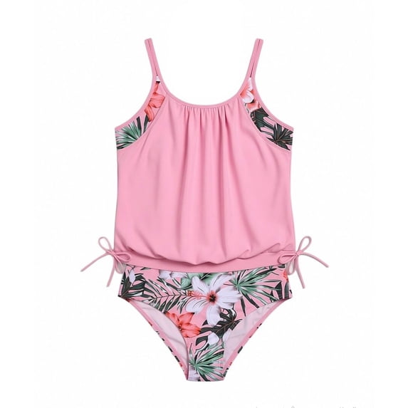 FINALGANG Girls 2 Piece Swimsuit Set Kids Spaghetti Strap Stretch Camisole Top Leaf Prints Swim Briefs Breathable Bathing Suit For Summer Beach Wear Pink 5-6 Years
