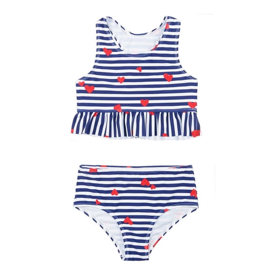 FINALGANG Girls 2 Piece Swimsuit Set Teen Youth Heart Striped Prints Ruffled Hem Tank Top High Waist Swim Briefs For Summer Beach Wear Blue 6-7 Years