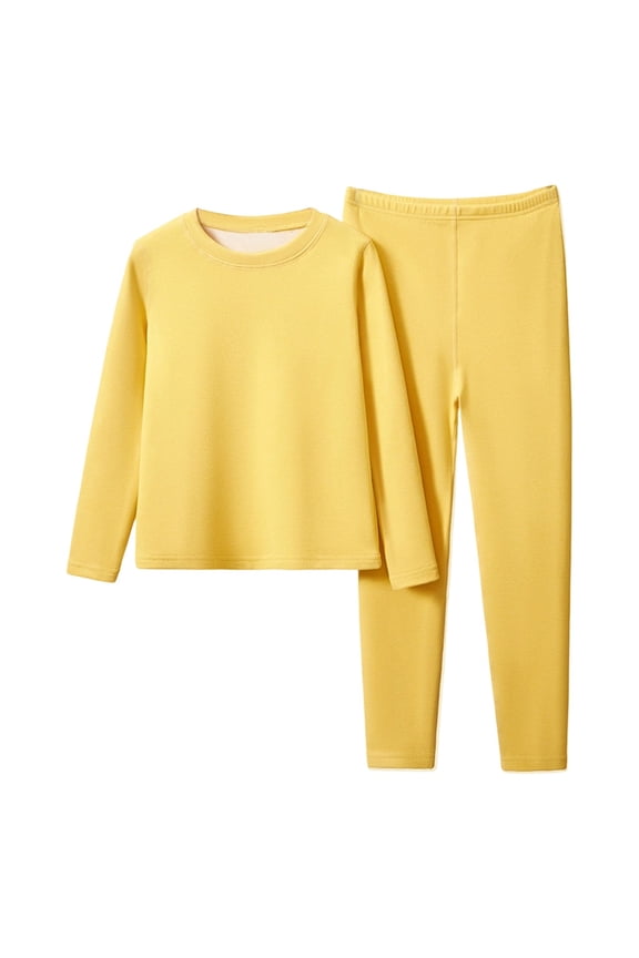 Girls 2 Piece Thermal Underwear Set Kids Solid Color Long Sleeve Crewneck Top Elastic Waist Pants Warm Base Layer Outfit For Cold Weather Classic Set