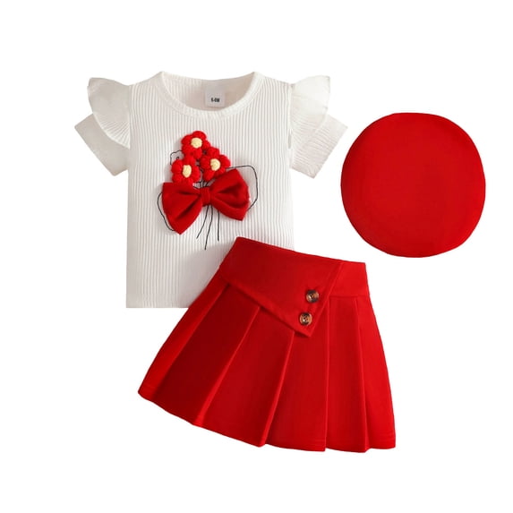 FINALGANG Girls 3 Piece Casual Outfit Toddler Ruffle Short Sleeve Crewneck Knit TShirts With Pleated Skirt Matching Beret For Casual Daily Party Wear Classic Set