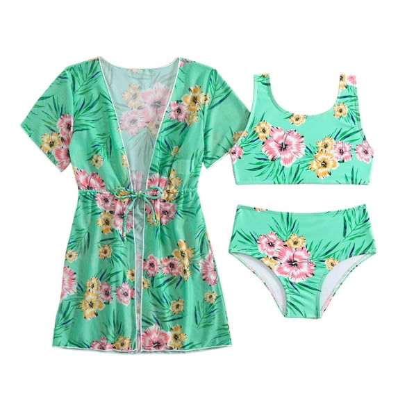 FINALGANG Girls 3 Piece Floral Print Swimsuit Set Kids Sleeveless Bikini Set With Short Sleeve Kimono Robe For Summer Beach Pool Holiday Wear Leisure Swimwear
