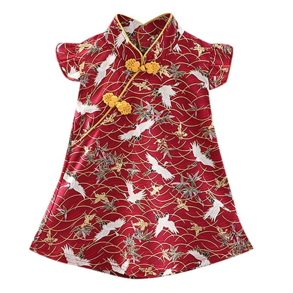 FINALGANG Girls Baby Qipao Dress Crane Print Oriental Knot Button Short Flutter Sleeve Satin Cheongsam For Traditional Festivals Cute Dress