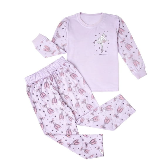 FINALGANG Girls Ballerina Print Homewear Set Long Sleeve Crewneck Top With Ballet Shoe Pattern Elastic Waisted Pants Outfit For Daily Home Relaxation Lovely Set