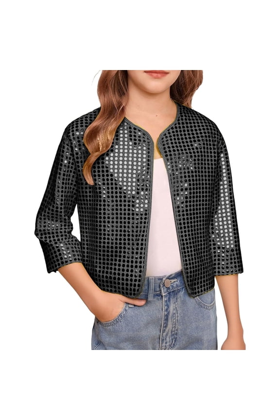 Girls Blouse Kids Sparkle Sequin Three Quarter Sleeve Jacket Solid Color Open Front Cropped Blazer For Daily Casual Party Dress Up Wear Leisure Top
