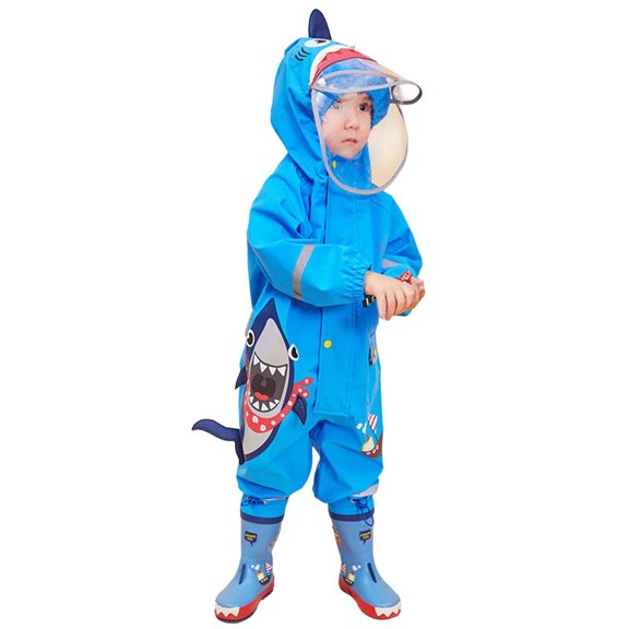 FINALGANG Girls Boys Kids Shark Shaped One Piece Rainsuit With Cute Hood Button Closure Reflective Strip Waterproof Cute Bunny Style Rain Wear For Toddler Rainy Days Blue 1-3 Years