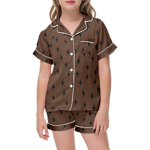 FINALGANG Girls Boys Kids Two Piece Homewear Set Lightning Bolt Print Short Sleeve Button Down Collared Shirt Loose Fit Shorts Set For Home Relaxation Brown 2-3 Years