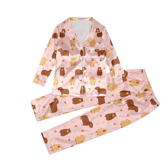 FINALGANG Girls Boys Outfit Unisex Kids Cartoon Print 2 Piece Homewear Set Long Sleeve Button Front Collared Top Elastic Waisted Pants Outfit For Daily Home Relaxation