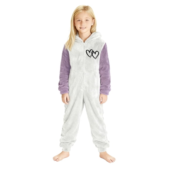 FINALGANG Girls Boys Romper Winter Kids Warm Heart Patterned Hooded Jumpsuit Contrast Long Sleeve Zipper Bodysuit For Daily Home Relaxation Classic Onesie