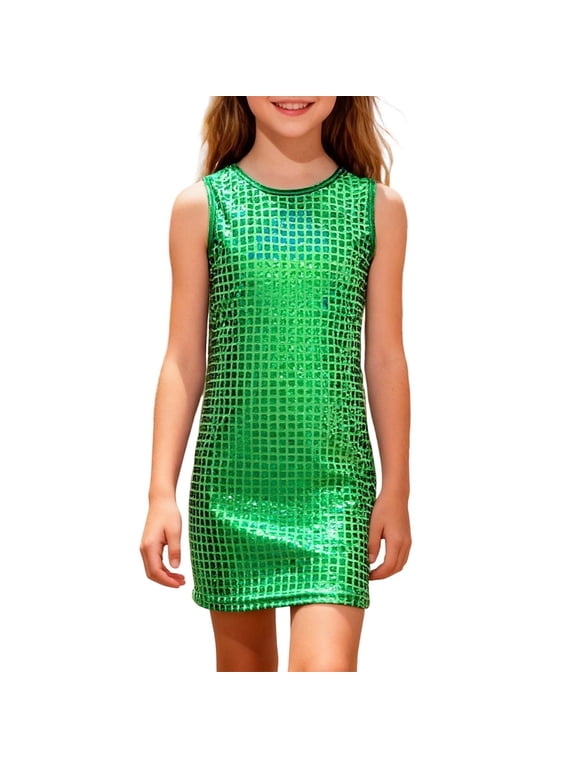 Girls Carnival Dress Kids Holographic Grid Sequin Shift Dress Sleeveless Crewneck Sparkly Mini Dress For Party Dance Events