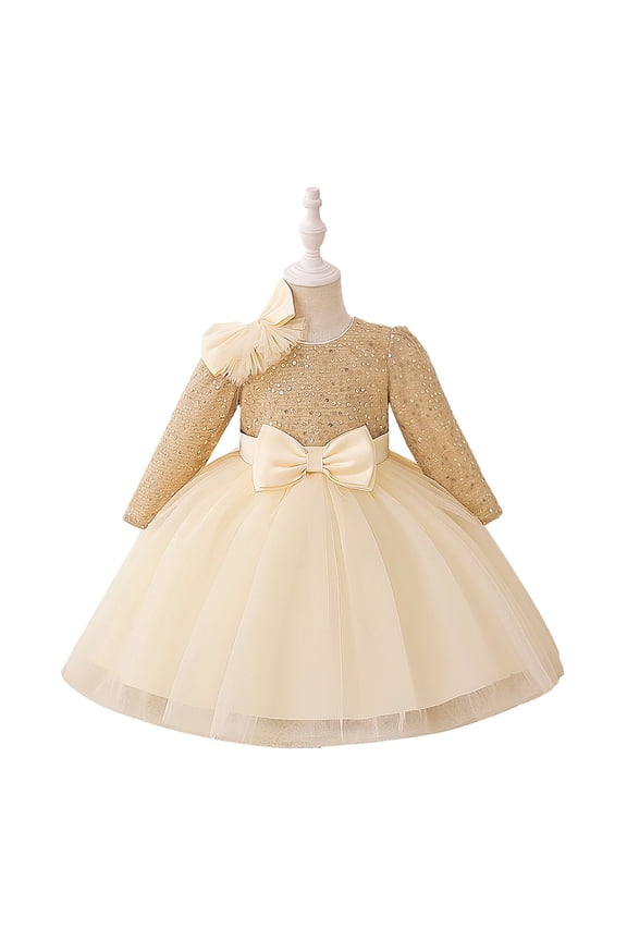 Girls Carnival Dress Kids Long Sleeve Dress Sequin Bodice Bow Decor Multi Layer Tulle Dress For Party Holiday Special Occasions Daily Wear leisure Dress