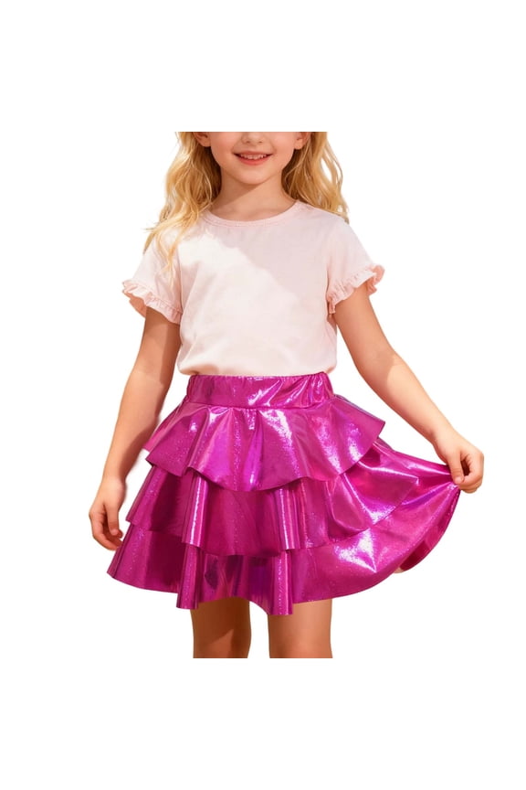 Girls Carnival Skirt Kids Shiny Tiered Skirt Glossy Elastic Waist Skirt For Party Holiday Special Occasions Daily Wear Classic Bottoms