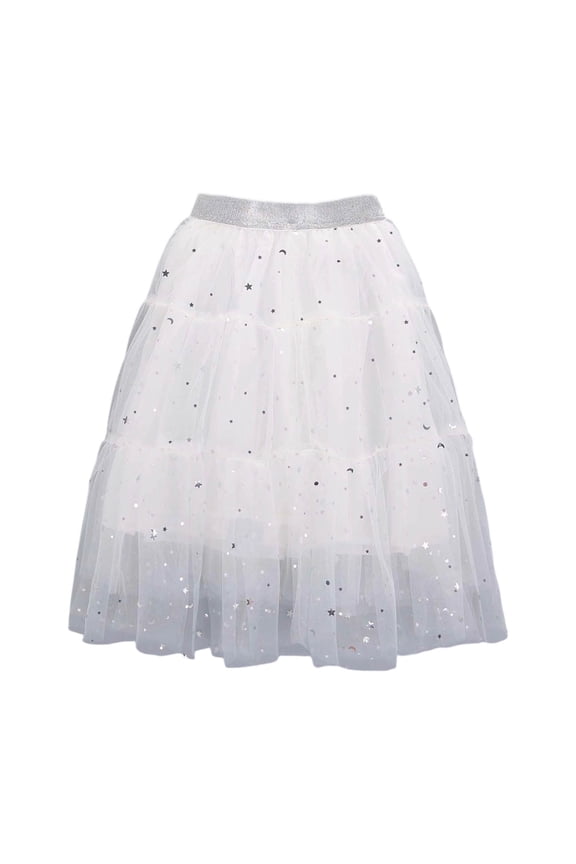 Girls Carnival Skirt Kids Silver Star Print Tiered Tulle Skirt Lace Waistband Flared Mini Skirt For Holiday Party Dress Up