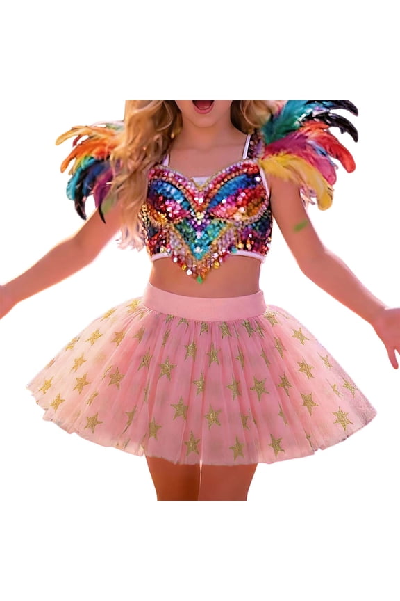 Girls Carnival Skirt Kids Star Glitter Pattern Tutu Skirt Gold Multi Layer Tulle Elastic Waist Skirt For Party Holiday Special Occasions Daily Wear Leisure Bottoms