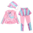 thumbnail image 1 of FINALGANG Girls Cartoon Print Three Piece Rash Guard Set Ruffle Long Sleeve Crewneck Top Pants Skirt With Hat Stretchy Swimsuit For Daily Beach Pool Swim Wear Stylish Swimwear, 1 of 7