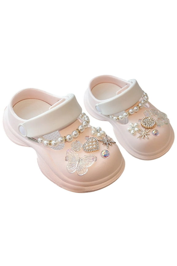 Girls Clogs With Pearl Chain Rhinestone Decorations Straps Lightweight Anti‑Skid Sole Shoes For Toddler Kids Summer Daily Wear Leisure Shoes