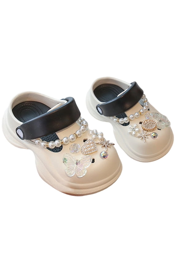 Girls Clogs With Pearl Chain Rhinestone Decorations Straps Lightweight Anti‑Skid Sole Shoes For Toddler Kids Summer Daily Wear Casual Shoes