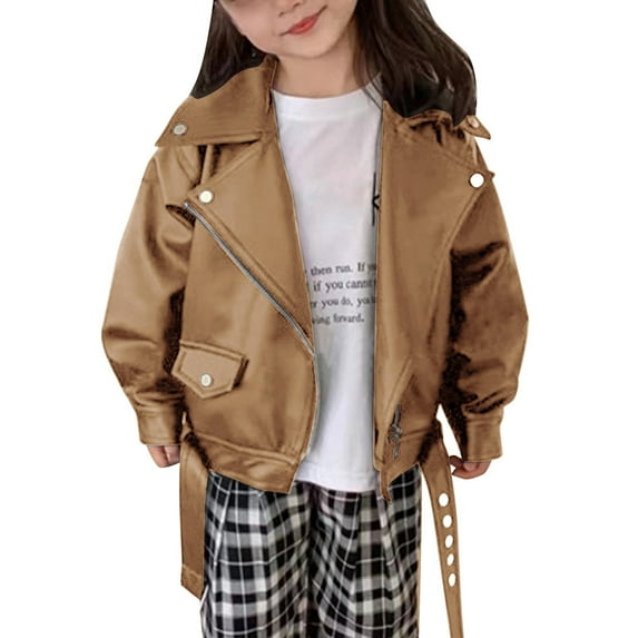 FINALGANG Girls Coat Spring Autumn Children Kids Fashion Motorcycle Short Leather Jacket Long Sleeve Lapel Zipper Coat With Pocket For Daily Wear Cozy Outerwear