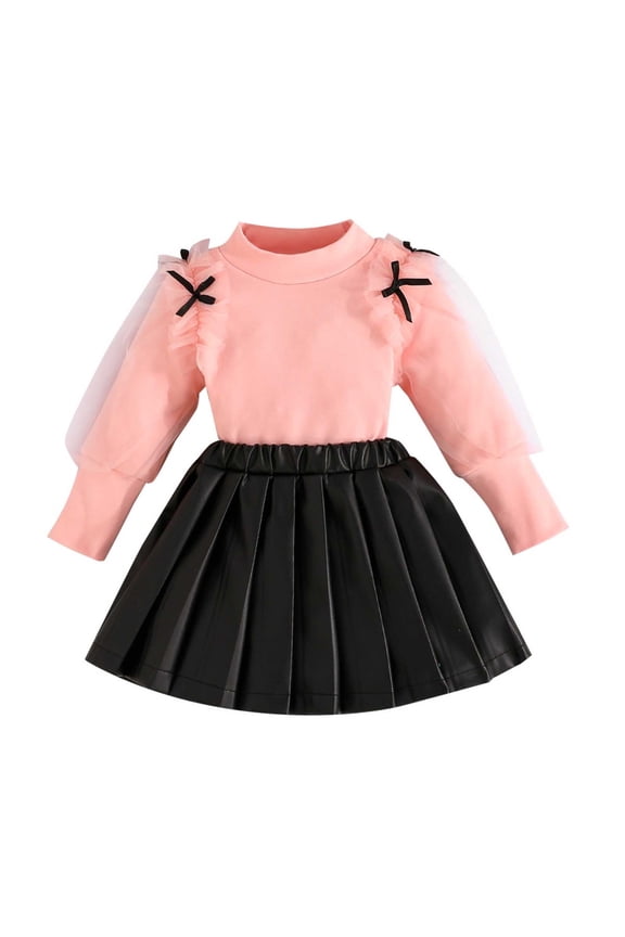 Girls Daily Wear Set Children Kids Fashion 2 Piece Outfits Long Sleeve Crewneck Knitted Top With Bow Details Solid Color Leather Skirt For Daily Wear Stylish Outfits