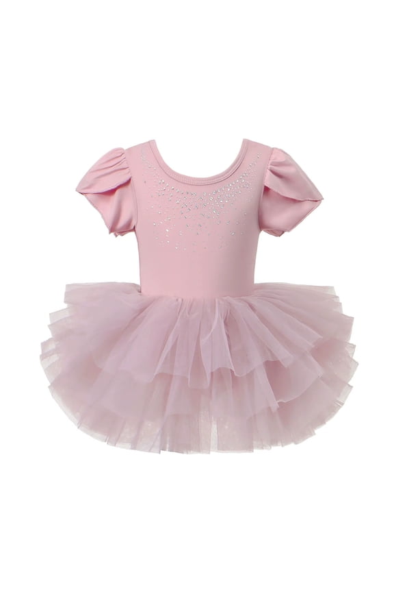 Girls Dance Dress Kids Solid Color Rhinestone Ballet Tutu Dress Puff Short Sleeve Mesh Layered Skirt For Dance Class Performance