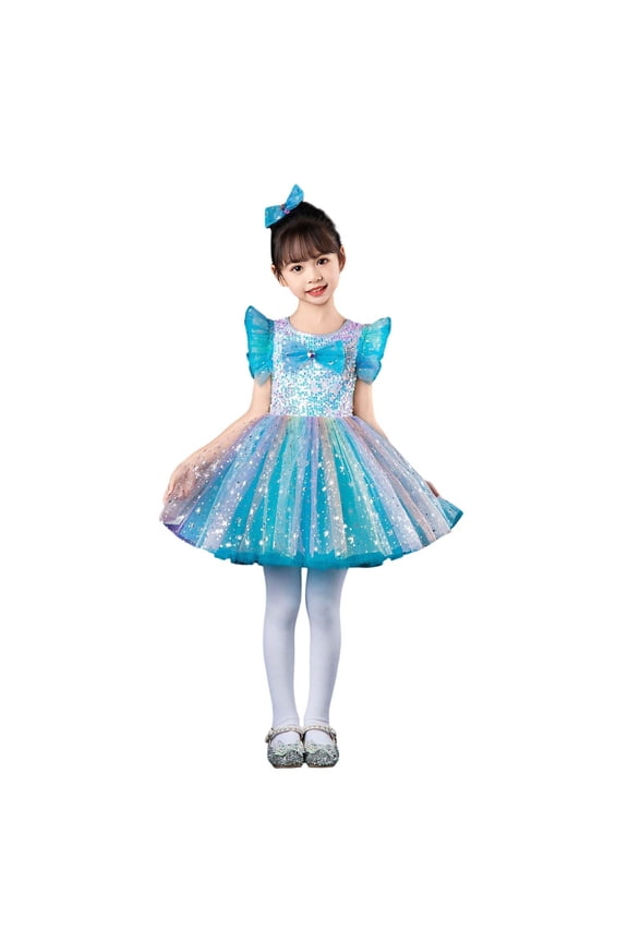Girls Dress Kids Iridescent Sequin Performance Dress With Sparkle Star Print Tulle Skirt Ruffled Flutter Sleeves Stage Dress For Holiday Season