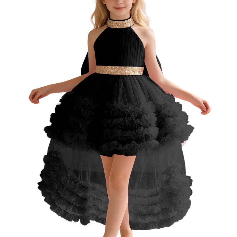 FINALGANG Girls Dress Kids Solid Color Halter High Low Party Dress Gold  Sequin Trim Ruffled Tulle Skirt For Wedding Part Formal Events - Walmart.com