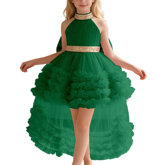 FINALGANG Girls Dress Kids Solid Color Halter High Low Party Dress Gold Sequin Trim Ruffled Tulle Skirt For Wedding Part Formal Events