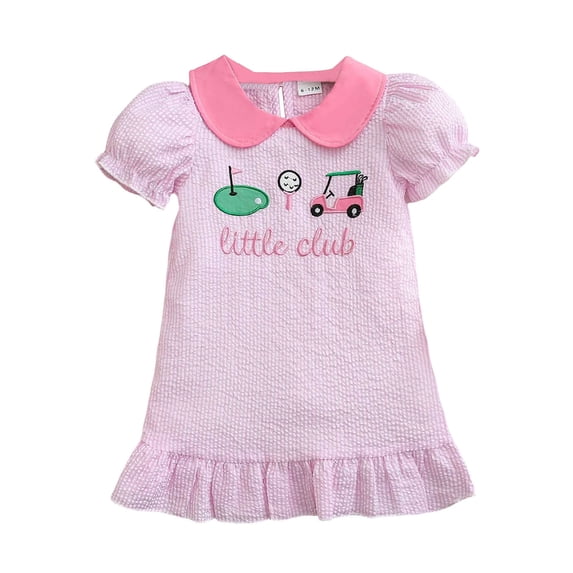 FINALGANG Girls Dress Toddler Gingham Puff Short Sleeve Dress With Golf Embroidery Collared Ruffled Hem Casual Play Dress For Daily Wear
