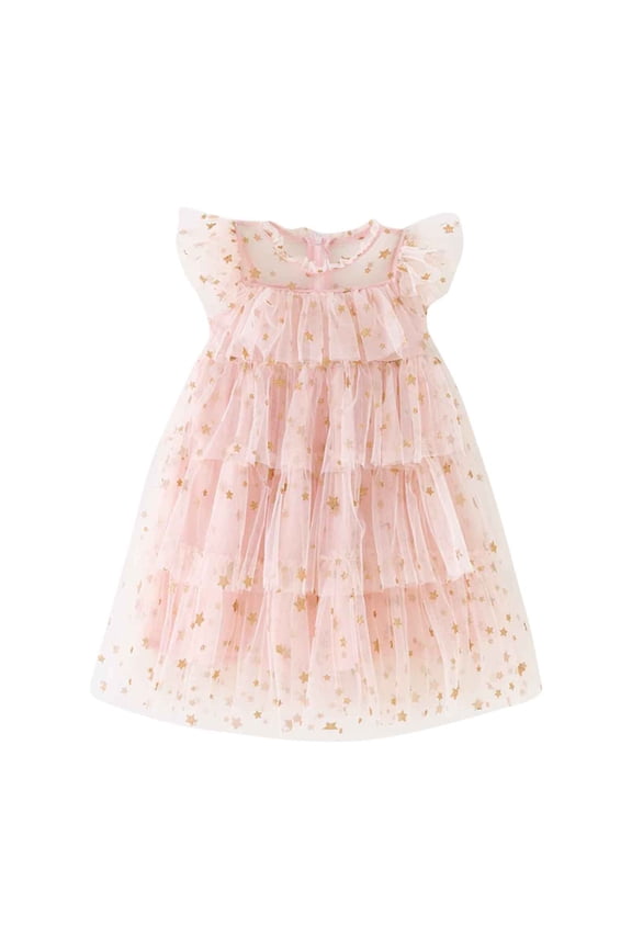 Girls Dress Toddler Gold Star Print Tiered Tulle Dress Ruffle Sleeve A Line Midi Dress For Party Casual Daily Wear