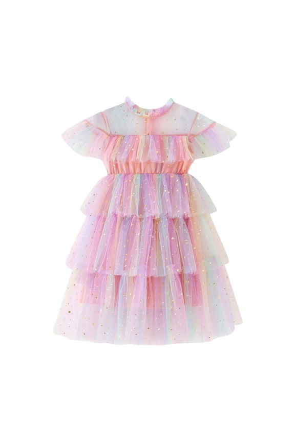 Girls Dress Toddler Iridescent Star Glitter Tiered Tulle Dress Ruffle Short Sleeve A Line Midi Dress For Party Daily Wear