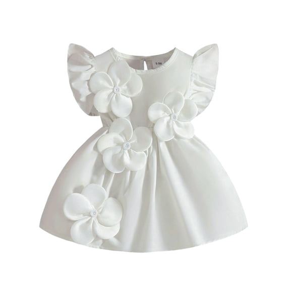 FINALGANG Girls Dress Toddler Solid Color Flutter Sleeve Crewneck Dress With 3D Floral Appliques Flared Party Dress For Casual Formal Daily Wear