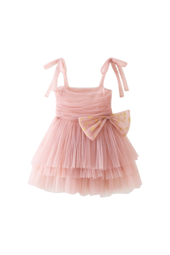 Girls Dress Toddler Solid Color Tiered Tulle Dress With Gold Star Bow Tie Shoulder Strap Sleeveless Flared Mini Dress For Party Dress Up